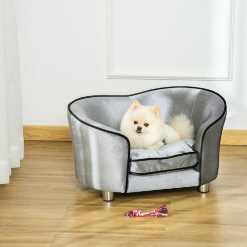 PawHut Dog Sofa Pet Chair, Kitten Bed Couch W  Wooden Frame, Removable Cushion - Silver-Tone And Grey