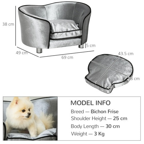 PawHut Dog Sofa Pet Chair, Kitten Bed Couch W  Wooden Frame, Removable Cushion - Silver-Tone And Grey