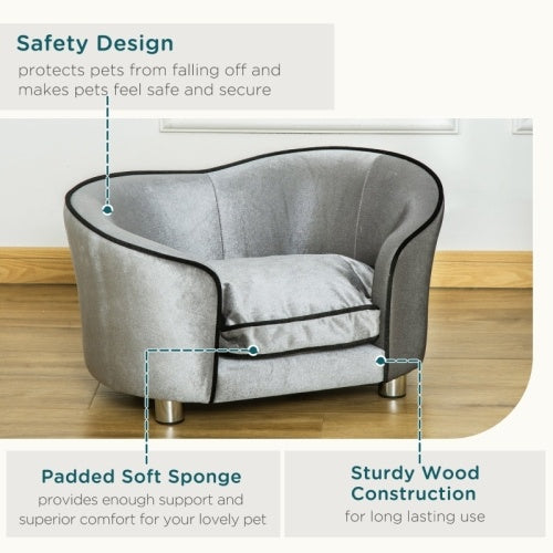 PawHut Dog Sofa Pet Chair, Kitten Bed Couch W  Wooden Frame, Removable Cushion - Silver-Tone And Grey
