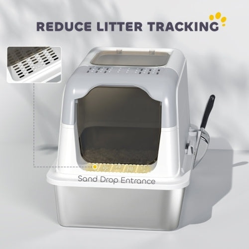 PawHut Extra Large Stainless Steel Litter Box, Enclosed Cat Litter Tray With Scoop, Deodorizer Bag, Front-Entry And Top-Exit