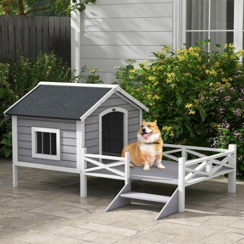 PawHut Small Medium Dog House With Porch, Grey