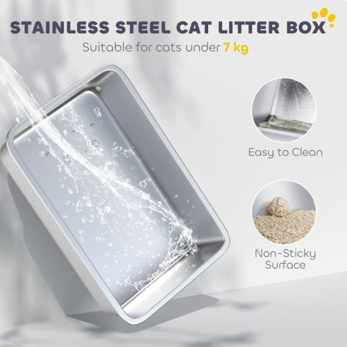 PawHut Extra Large Stainless Steel Litter Box, Enclosed Cat Litter Tray With Scoop, Deodorizer Bag, Front-Entry And Top-Exit