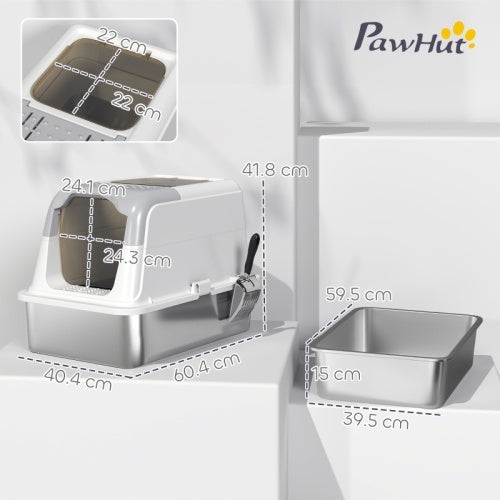 PawHut Extra Large Stainless Steel Litter Box, Enclosed Cat Litter Tray With Scoop, Deodorizer Bag, Front-Entry And Top-Exit