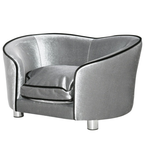 PawHut Dog Sofa Pet Chair, Kitten Bed Couch W  Wooden Frame, Removable Cushion - Silver-Tone And Grey