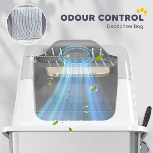 PawHut Extra Large Stainless Steel Litter Box, Enclosed Cat Litter Tray With Scoop, Deodorizer Bag, Front-Entry And Top-Exit